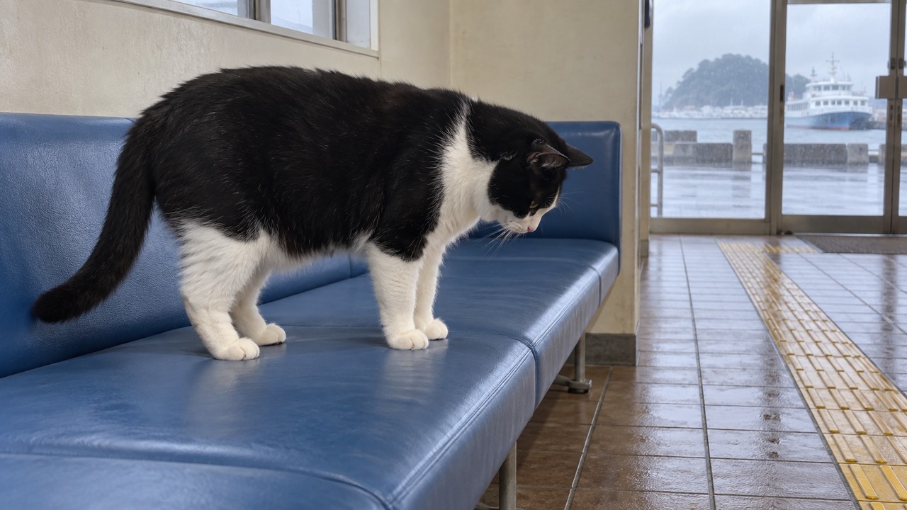 青い座席の上に立つ白黒猫のイメージ画像