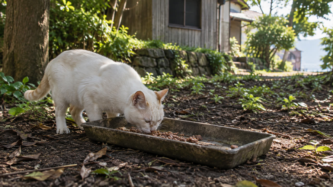 木陰の猫食堂で食べる白猫のイメージ画像