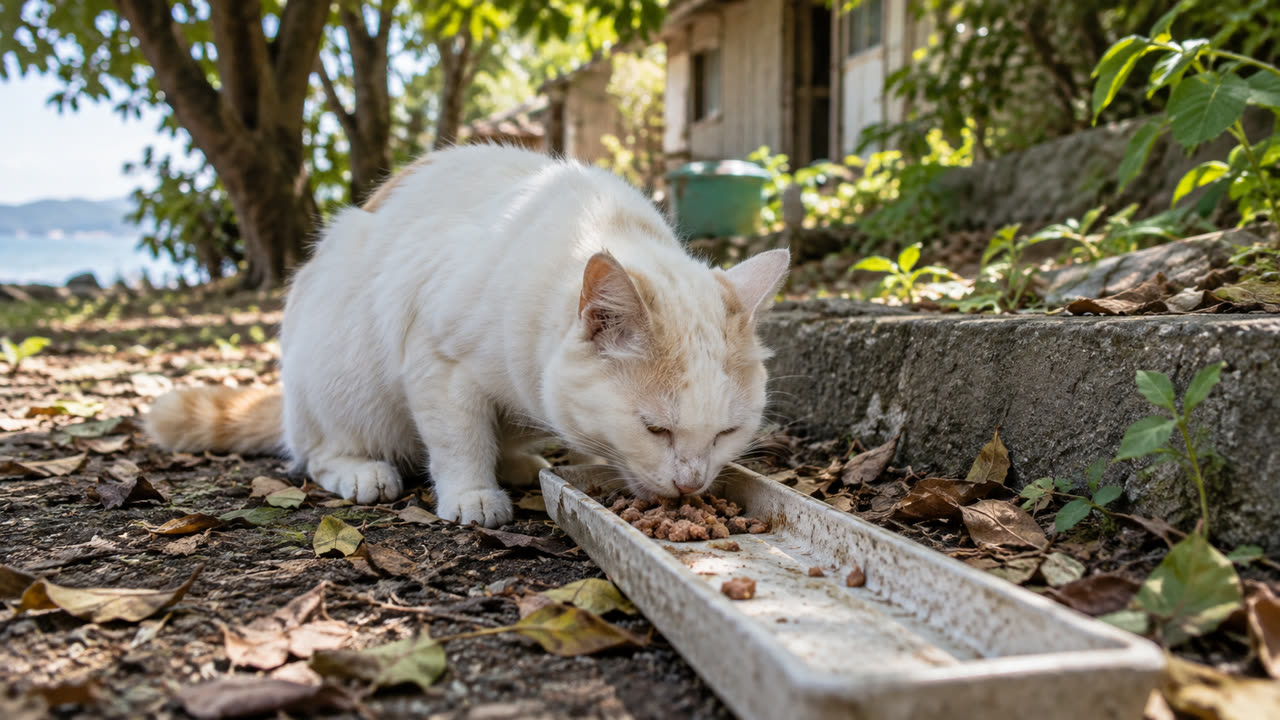 低いトレーのそばで食べる白猫のイメージ画像