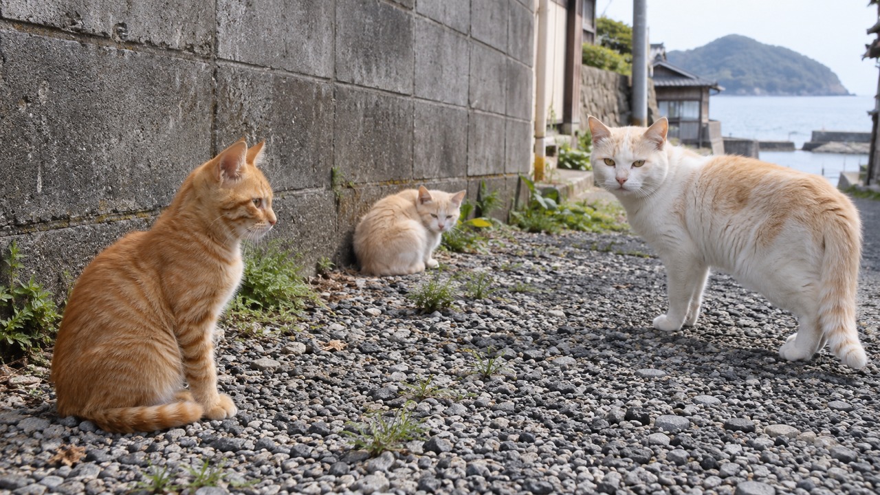 路地でそれぞれの場所にいる三匹の猫のイメージ画像