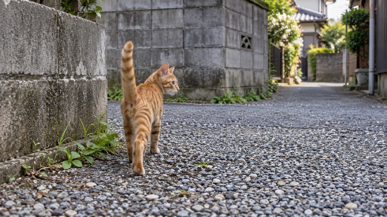 尾を立てて路地を歩く茶トラのイメージ画像