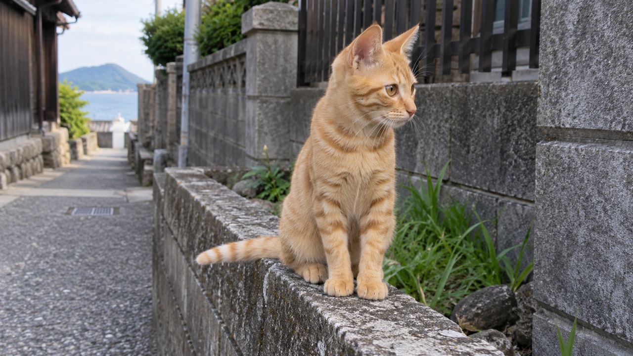 路地の低い塀に座る茶トラのイメージ画像
