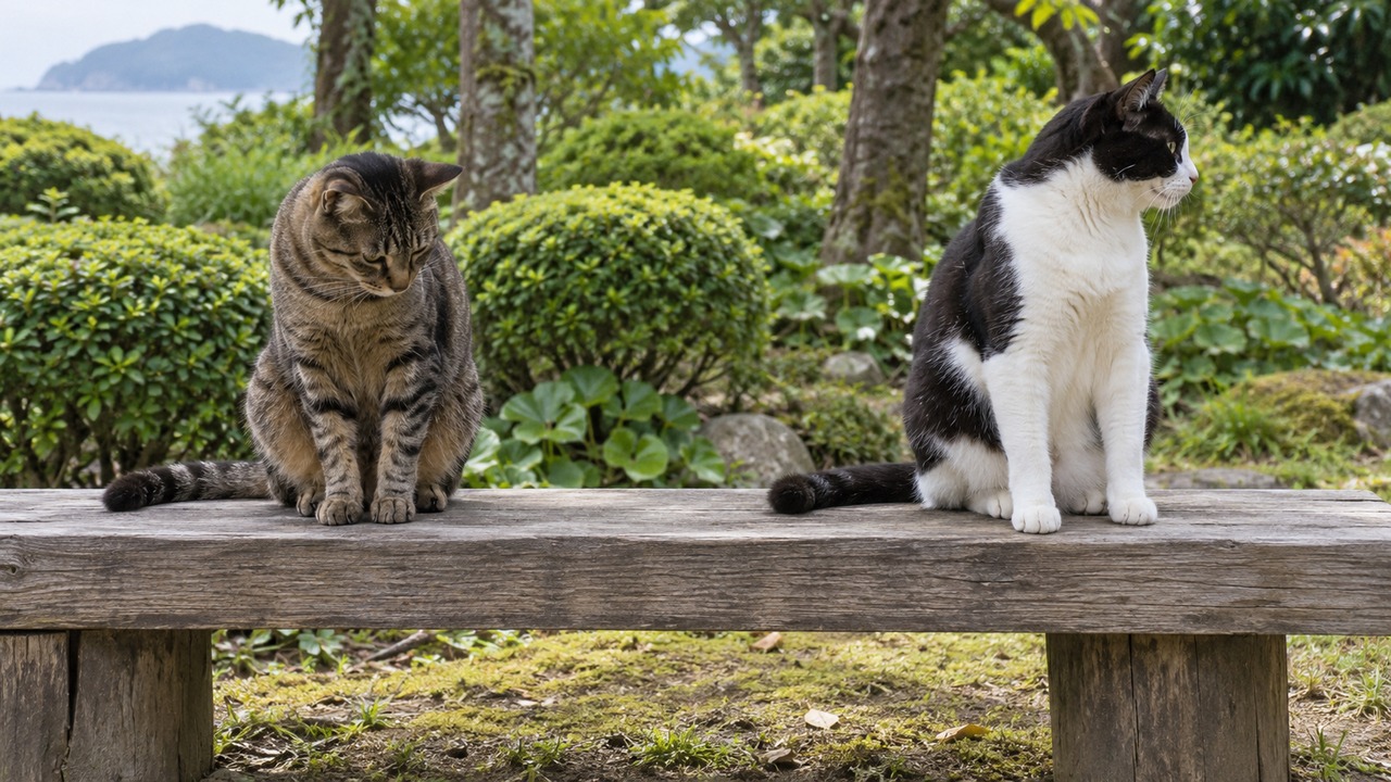 木のベンチに並ぶキジ猫と白黒猫のイメージ画像