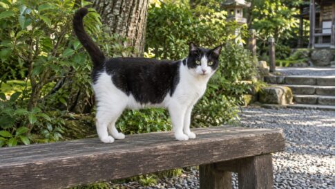 緑に囲まれた木のベンチに立つ白黒猫のイメージ画像