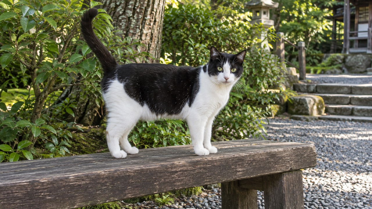 緑に囲まれた木のベンチに立つ白黒猫のイメージ画像