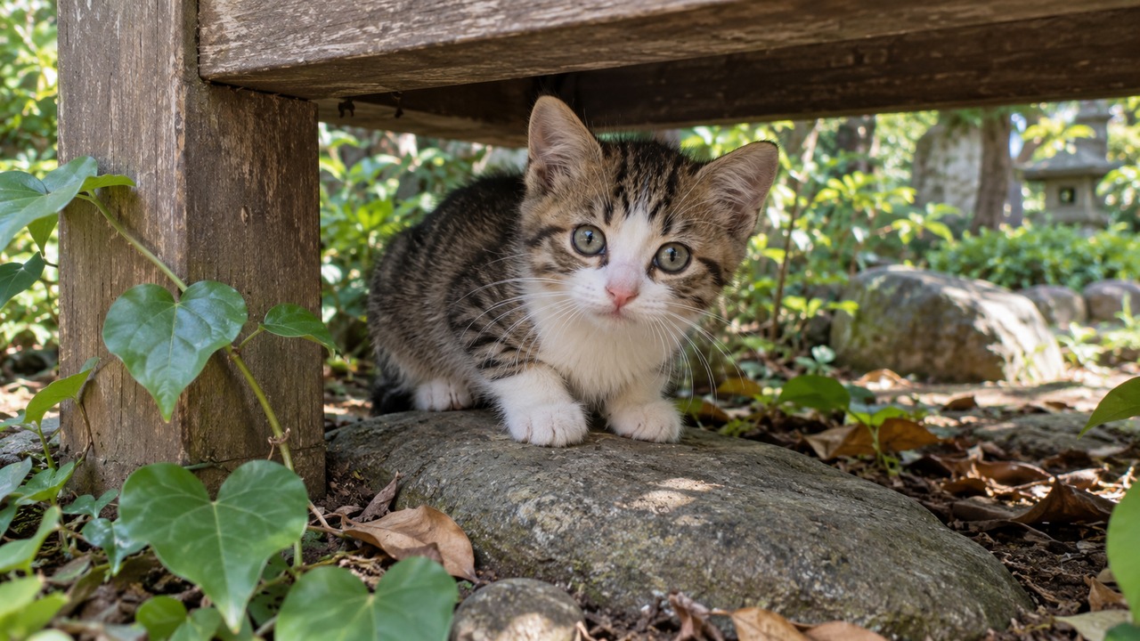 ベンチの下の石に前足を置くキジ白の子猫のイメージ画像