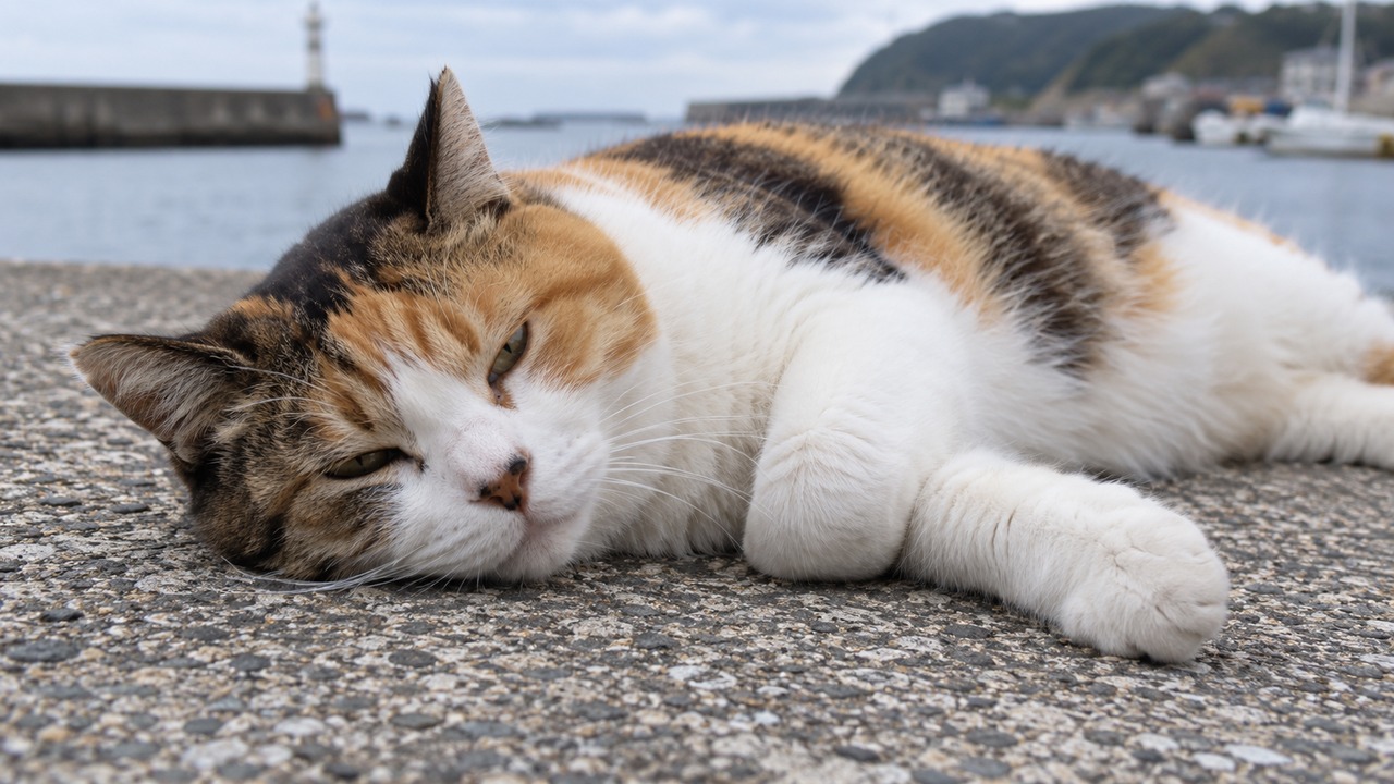 コンクリートに頬を寄せて休む三毛猫のイメージ画像