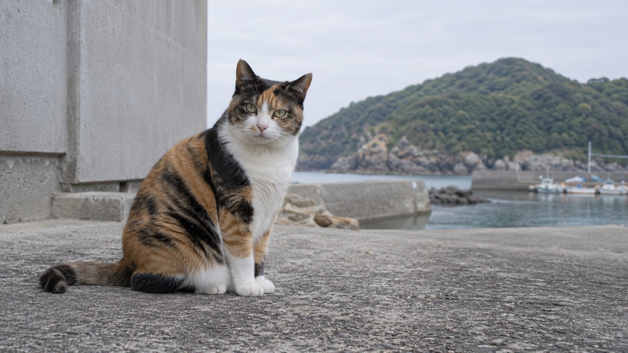 漁港の建物のそばに座る三毛猫のイメージ画像