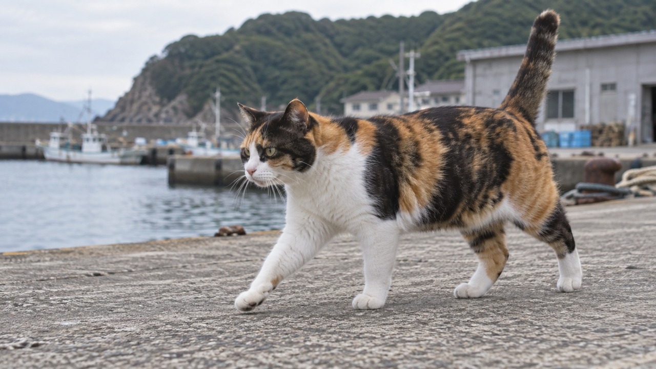 白い前足を上げて港を歩く三毛猫のイメージ画像