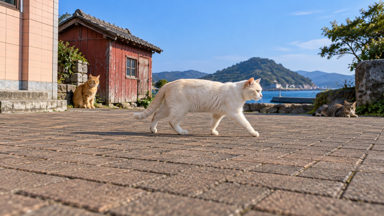朝の広場を横切る白い猫のイメージ画像