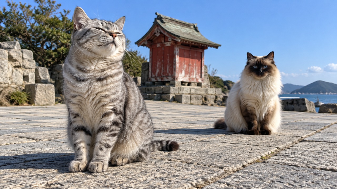 朝の広場に座る灰色猫と顔の濃い猫のイメージ画像
