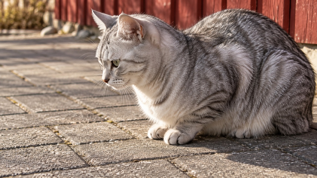 朝日に照らされた銀灰色の猫のイメージ画像