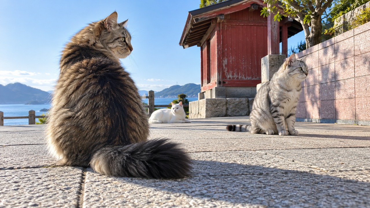 朝の広場に集まる毛の長い猫と灰色猫のイメージ画像