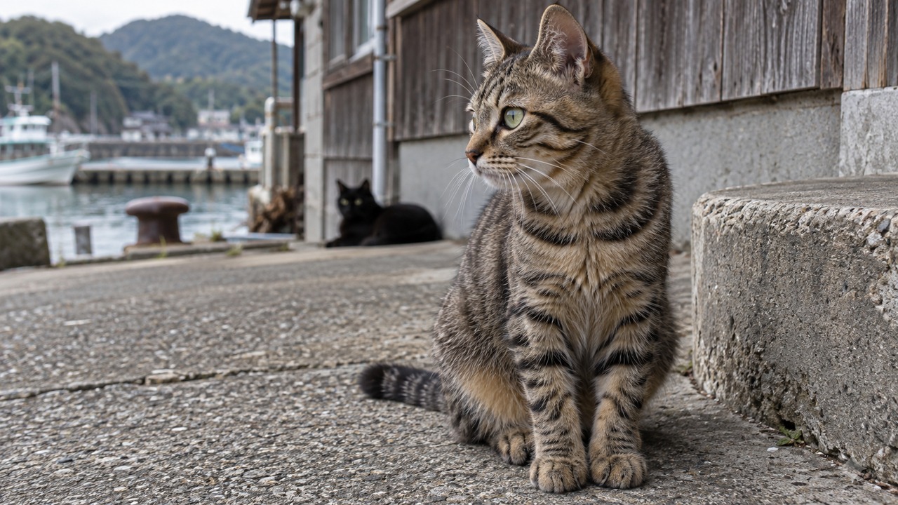 丸みのある段差のそばに座るキジ柄の猫のイメージ画像