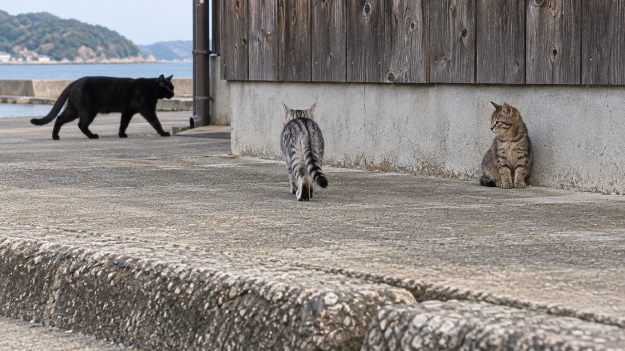 港の建物の足元を行き交う子猫と黒猫のイメージ画像