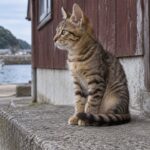 港の建物前に座る茶色いキジ柄の子猫のイメージ画像