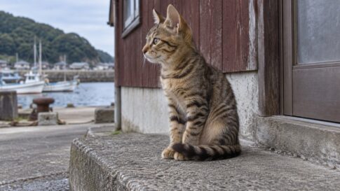 港の建物前に座る茶色いキジ柄の子猫のイメージ画像