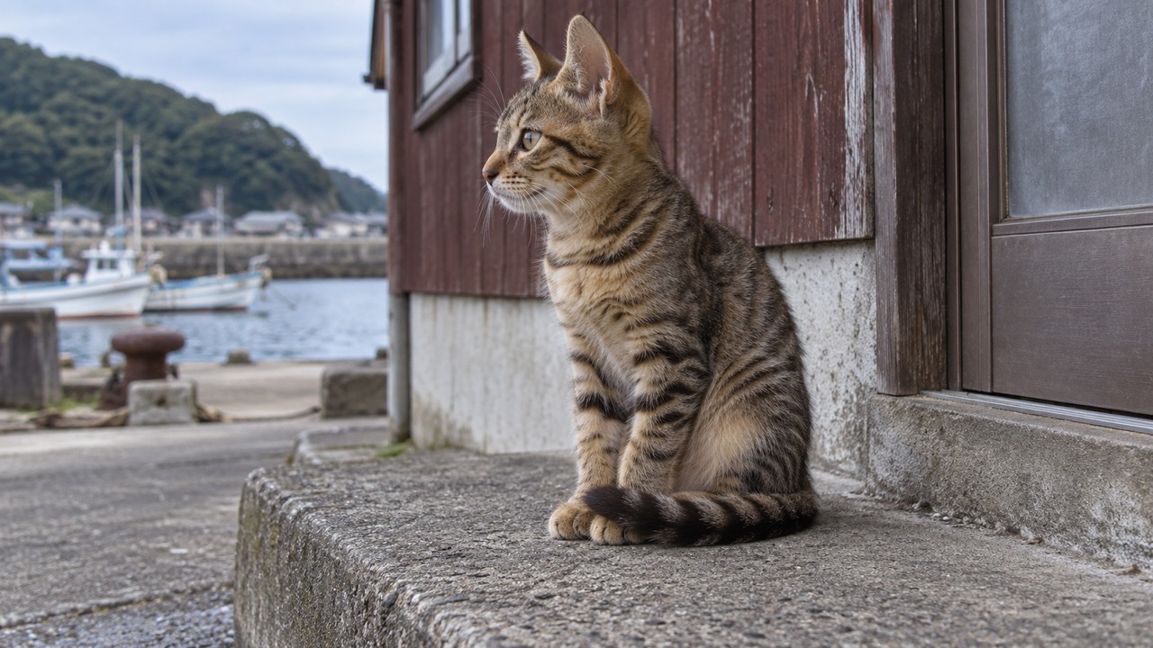 港の建物前に座る茶色いキジ柄の子猫のイメージ画像
