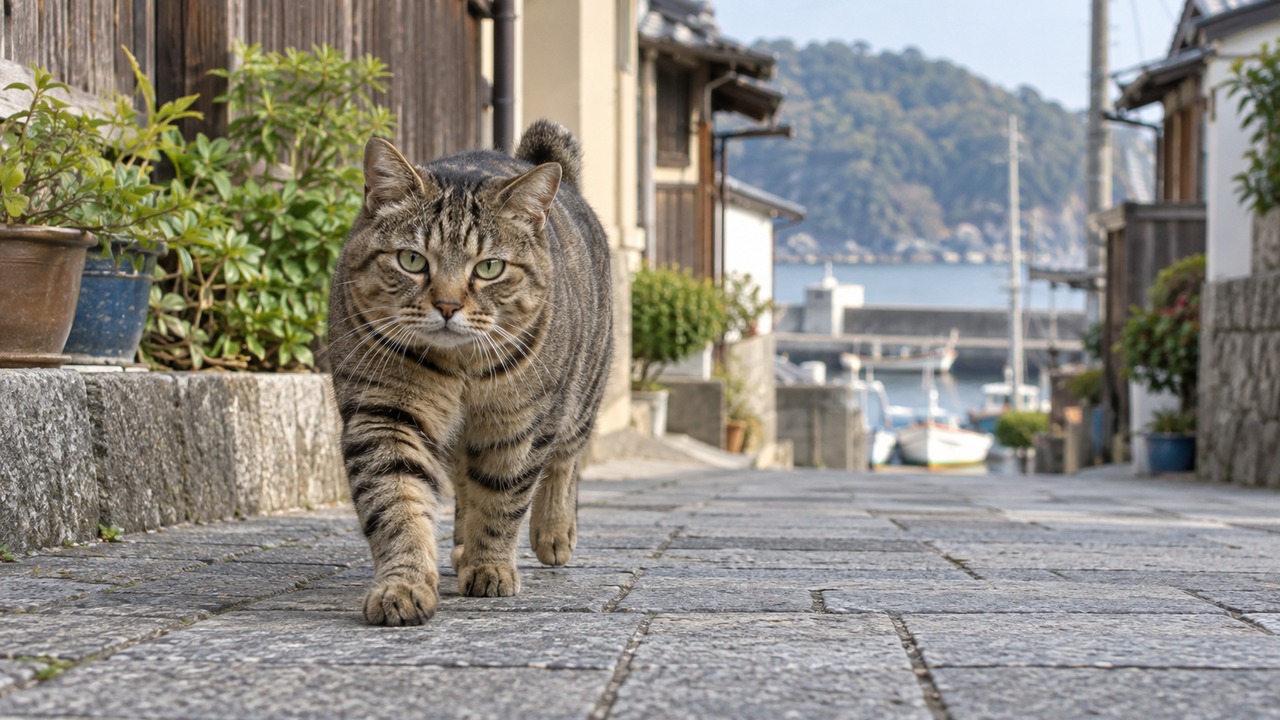街の舗装路を近づいてくるキジトラのイメージ画像