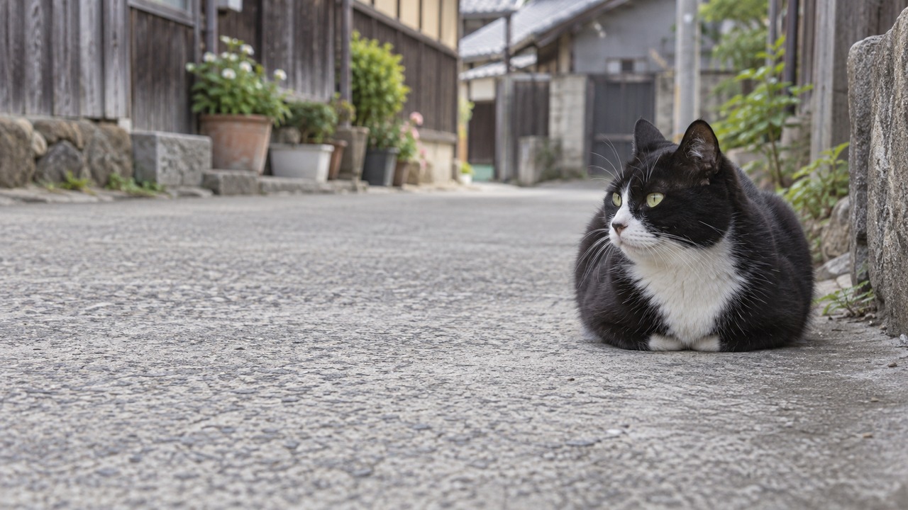 少し離れた路面で休む黒白猫のイメージ画像